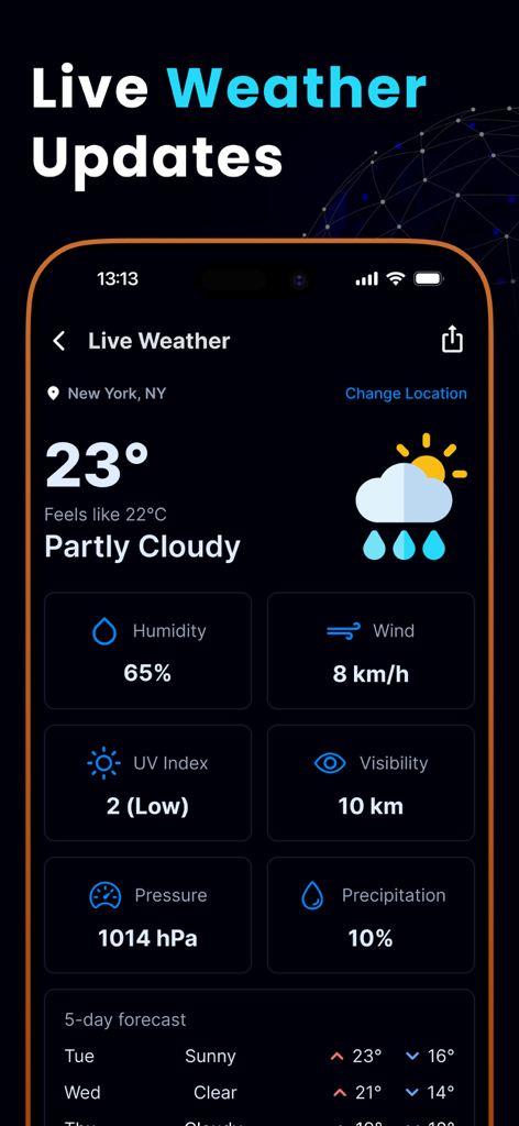 Live weather dashboard showing current temperature and forecast details