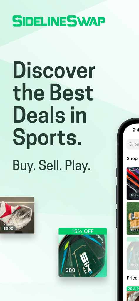 SidelineSwap - Pantalla promocional de la aplicación SidelineSwap con el titular Descubre las Mejores Ofertas en Deportes con ejemplos de equipamiento de hockey y golf usado