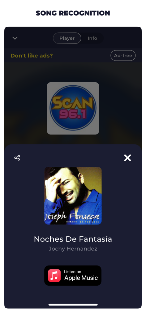 Radio El Salvador Live FM AM - Pantalla de reconocimiento de canciones en la aplicación Radio El Salvador mostrando información de la pista de Scan 96.1 FM