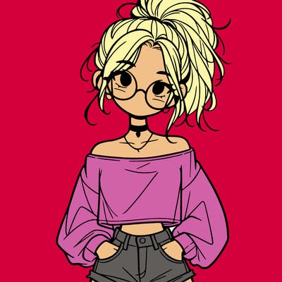 girl with a messy ponytail glasses a baggy crop top and jean shorts