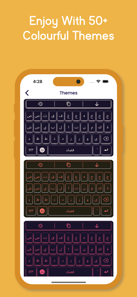 Arabic Keyboard · - Interfaccia che mostra numerosi temi colorati e personalizzabili per l'app Tastiera Arabo.