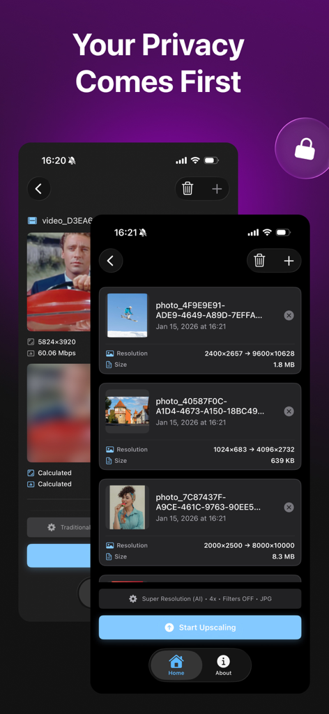 Upscal - Image & Video Enhance - Upscal app interface on iPhone highlighting privacy and secure batch photo upscaling