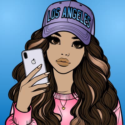 realistic beautiful girl wearing los ángeles cap holding an iphone
