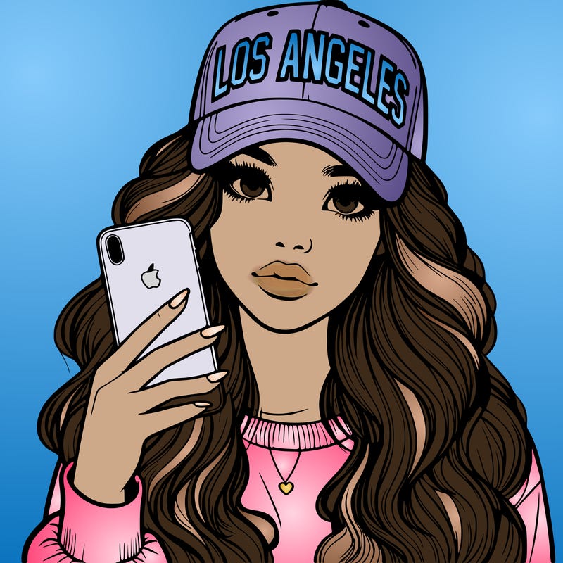 realistic beautiful girl wearing los ángeles cap holding an iphone