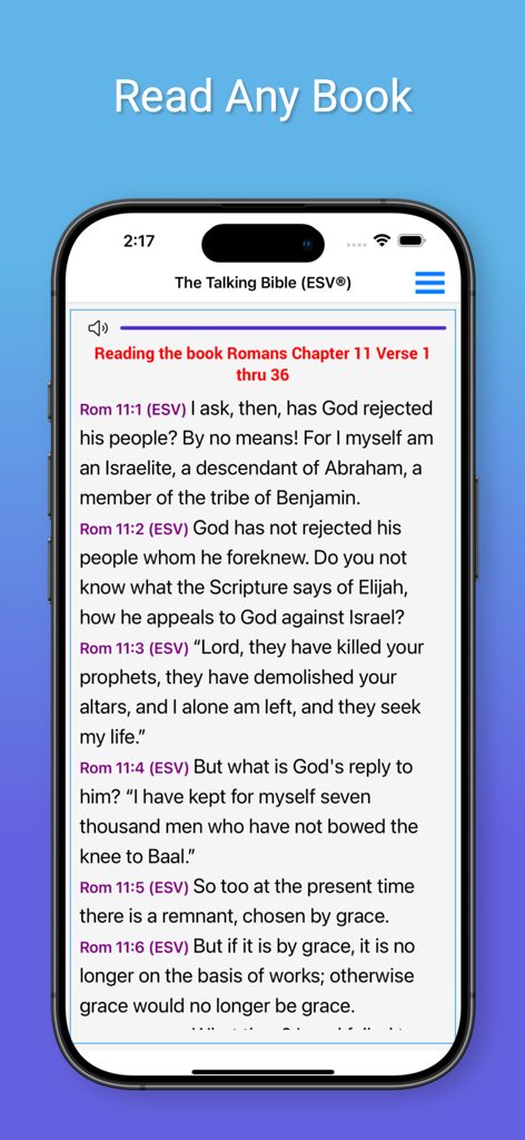 Talking Bible for The Blind - Smartphone screen showing the Talking Bible app reading Romans chapter 11 in the ESV translation.