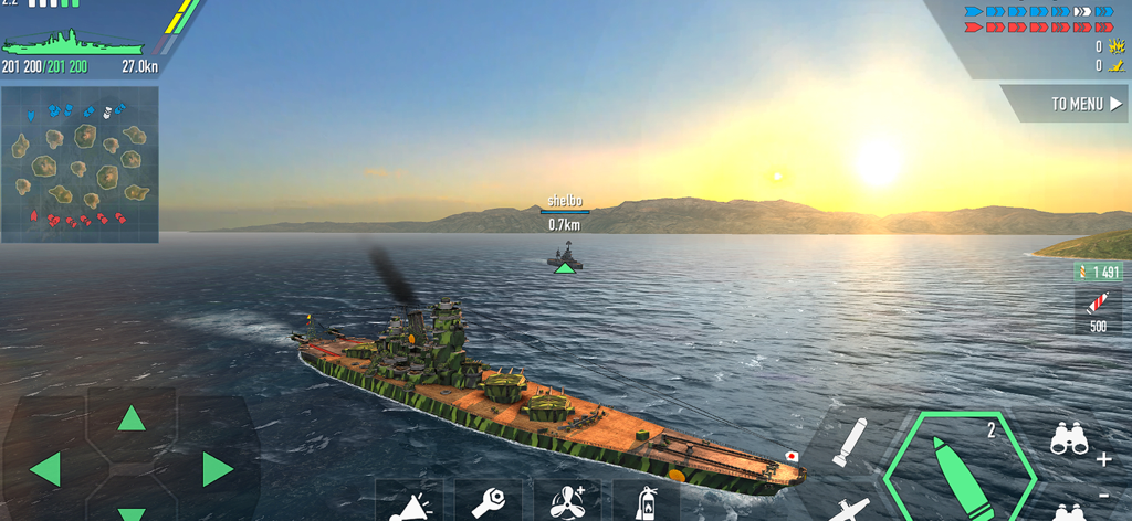 Battle of Warships: Naval Wars - Gameplay of a camouflaged battleship in a naval combat simulation at sunset