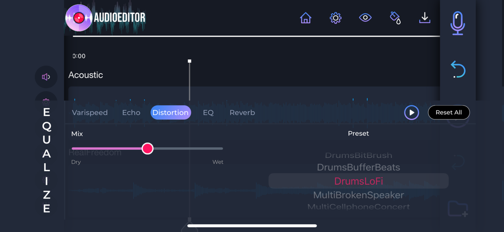 Audio Editor: Recording Studio - A interface de efeitos de distorção e mixagem no aplicativo mobile Audio Editor.