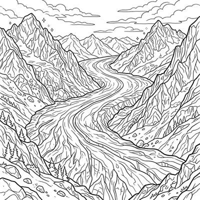 Embark on an epic coloring journey with this stunning valley glacier scene. Capture the grandeur of towering ice formations and rugged mountains with your favorite colors.