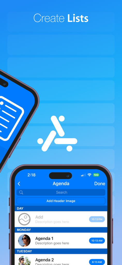 App Studio: Create an app - Mobile app interface for creating custom agendas and lists using App Studio no-code builder.