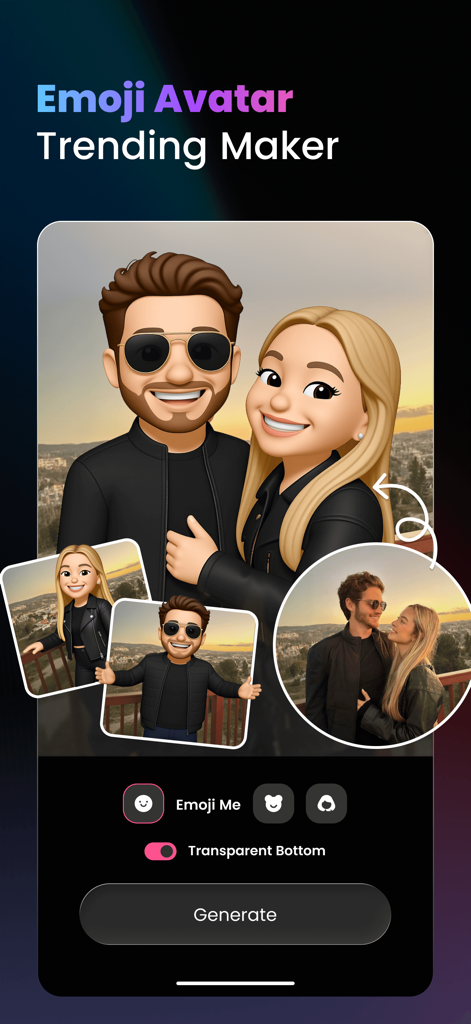 A screenshot of the Pearla app showing the Emoji Avatar Trending Maker feature transforming a couple's photo into cartoon avatars.