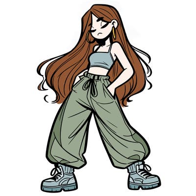 girl in baggy pants crop top and long hair