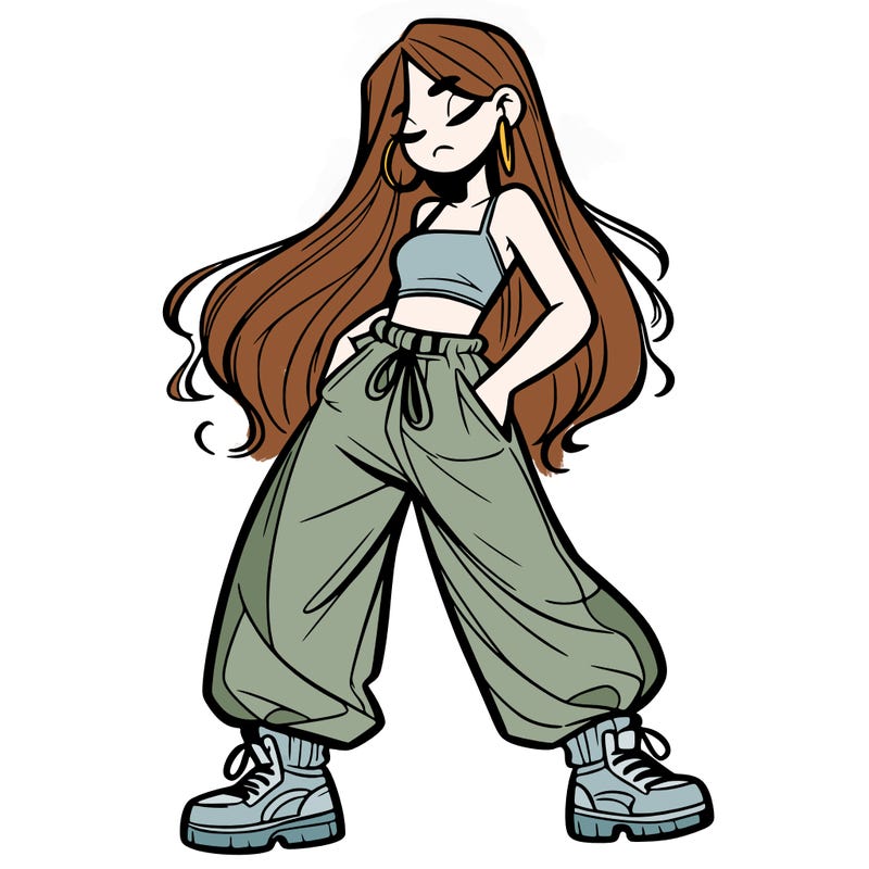 girl in baggy pants crop top and long hair