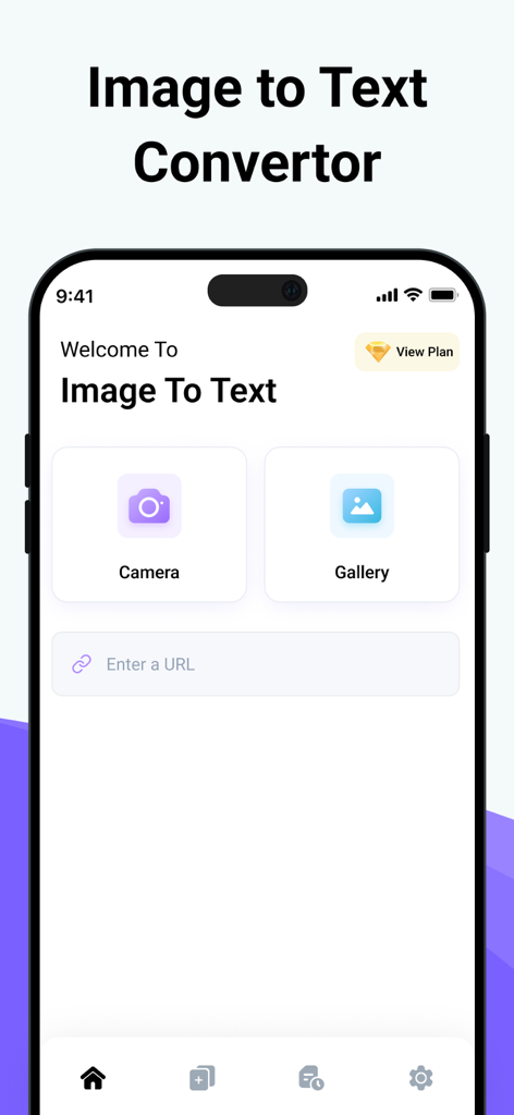Image to Text - Scan & Convert - Hauptoberfläche der Bild-zu-Text-App mit Kamera- und Galerie-Buttons zum Scannen von Dokumenten