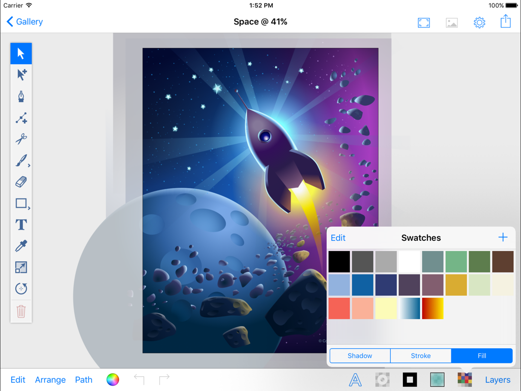 inkPad 2 - Interfaz de Inkpad 2 con una ilustración espacial y muestras de color.