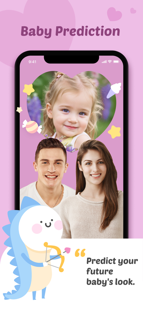 Face Seerアプリのベビー予測ツールのスクリーンショット。カップルの写真と、AIによって生成された将来の子供の画像が表示されています。