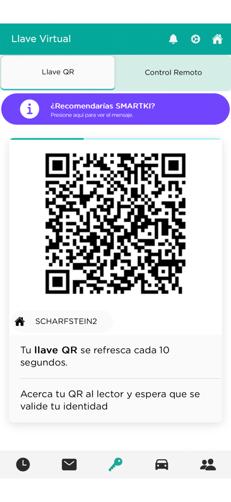 SmartKi Access - Bildschirm der SmartKi Access App, der einen virtuellen QR-Code-Schlüssel für den sicheren Gebäudeeingang anzeigt.