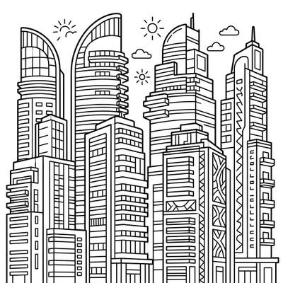 Explore the exciting world of urban architecture with this engaging coloring page featuring dynamic mixed-use skyscrapers. Children aged 4-8 will love bringing this bustling city scene to life with their favorite colors.
