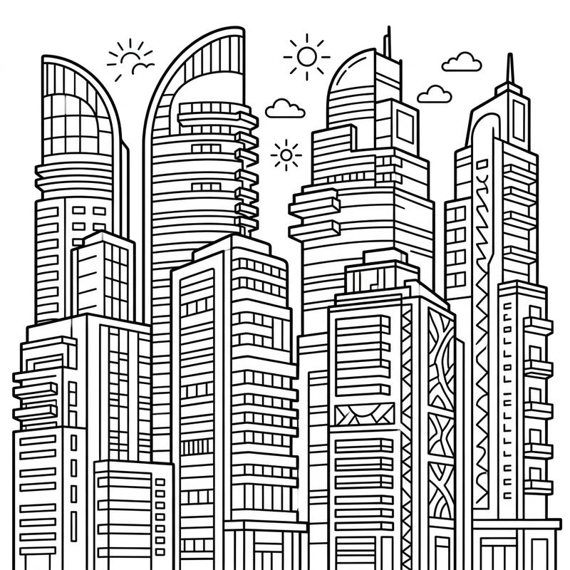 Explore the exciting world of urban architecture with this engaging coloring page featuring dynamic mixed-use skyscrapers. Children aged 4-8 will love bringing this bustling city scene to life with their favorite colors.