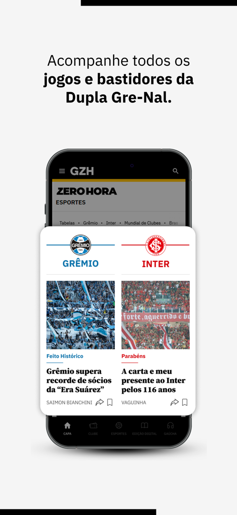 GZH: notícias RS - GZH app display showing sports news coverage for Gremio and Internacional soccer teams