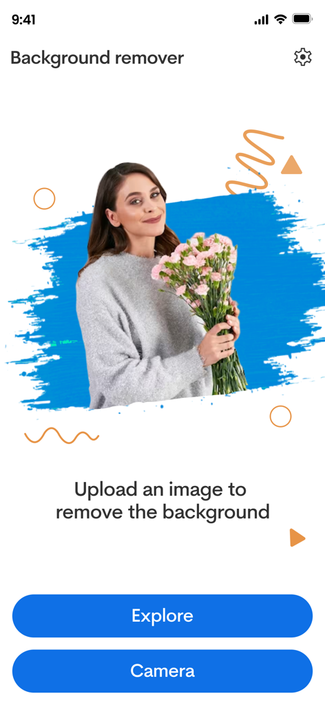 Home screen of the Photo Eraser app featuring an image of a woman with flowers and buttons to explore or use the camera for background removal.
