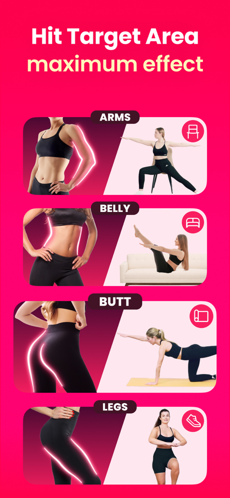 Workouts für Arme, Bauch, Po und Beine in der LazyFit-App.