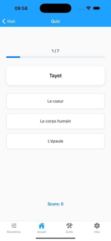 Lmed Taqbaylit - Quiz screen in the Lmed Taqbaylit app for learning Kabyle