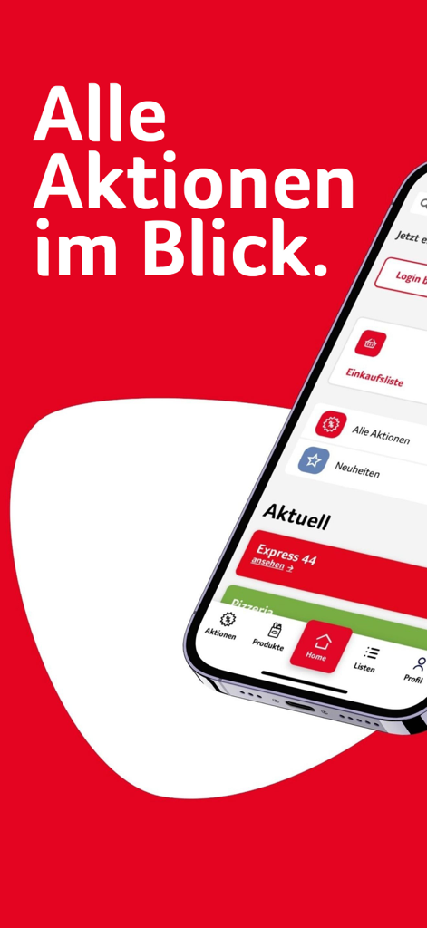 Transgourmet/Prodega Schweiz - Pantalla de inicio de la aplicación mayorista Transgourmet Prodega que muestra promociones y funciones de compra sobre un fondo rojo.