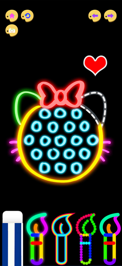 Kids Pop It Doodle Art Games - A neon cat-shaped pop it toy being colored with glowing brushes in the Kids Pop It Doodle Art game.