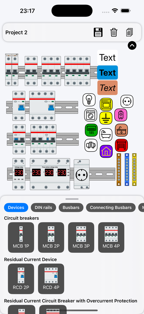 Electrical Panel Designer - Electrical panel design interface with circuit breakers and marking icons.