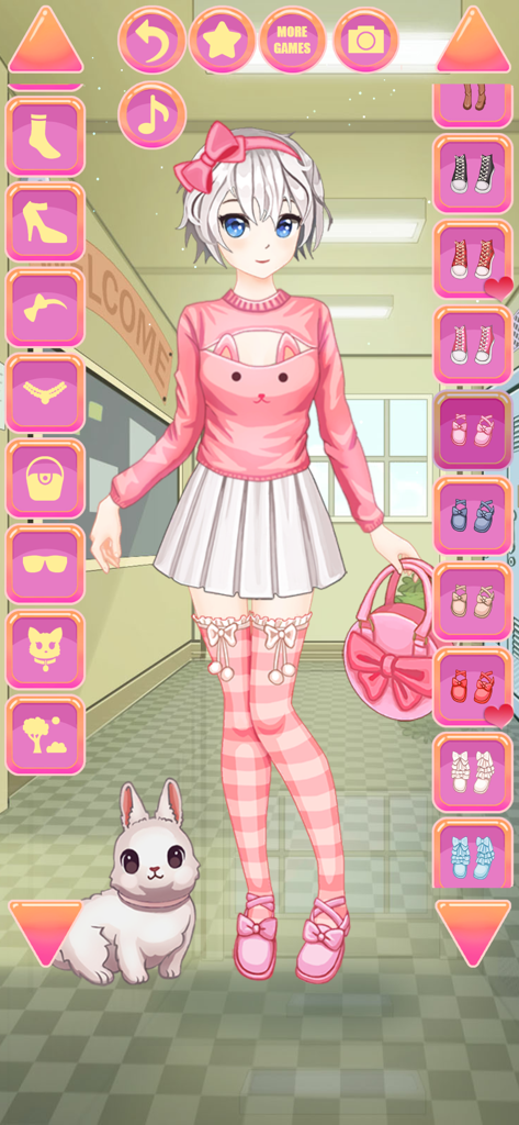 An anime girl character dressed in a pink cat sweater and white skirt with a cute bunny pet
