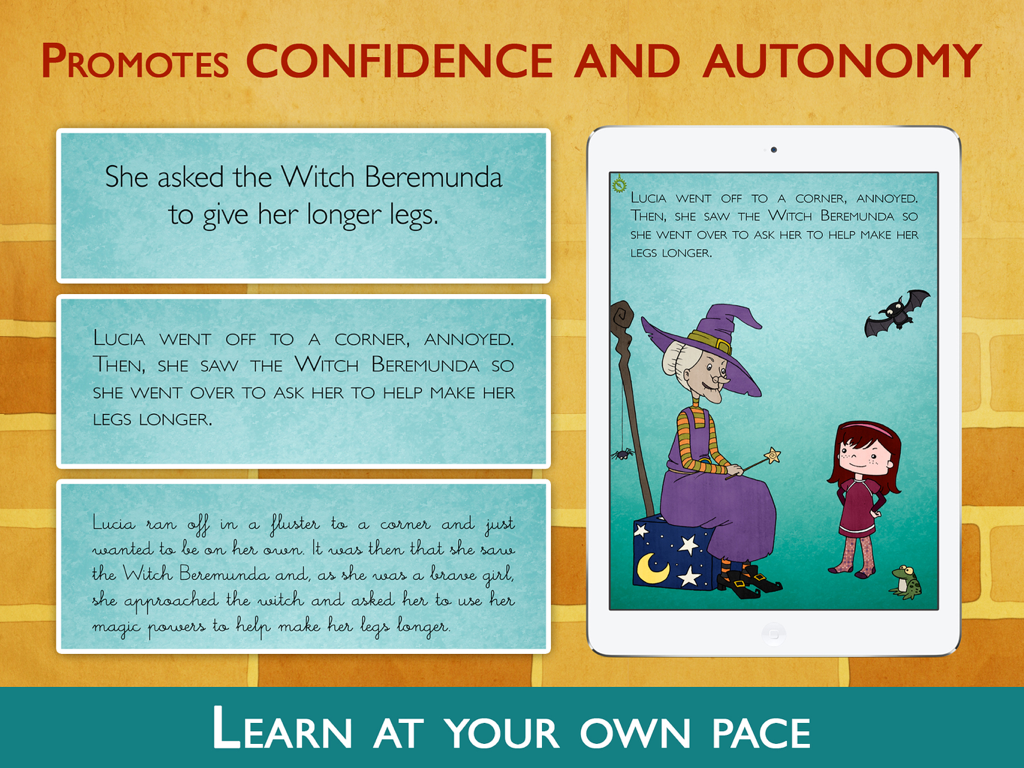 Teach Me to Read with Lucia - Interface of the Lucia reading app showing three levels of text difficulty and different font styles for children.