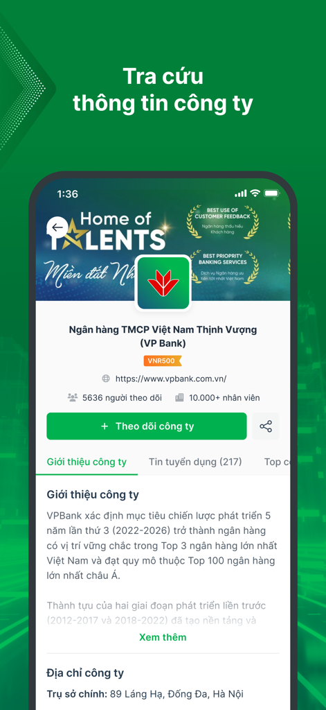 TopCV - Tìm Việc làm phù hợp - TopCV mobile app interface showing a detailed company profile for VP Bank with recruitment info and company description