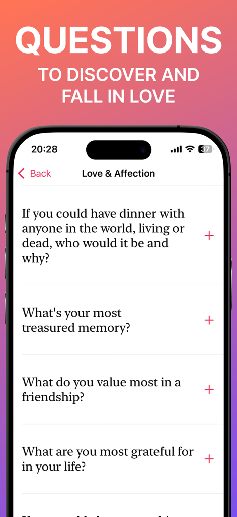A list of deep conversation starter questions for couples in the Heart2Heart app Love and Affection category.