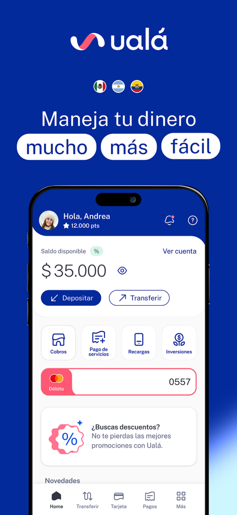 Ualá - Panel de la aplicación móvil de Ualá mostrando el saldo de la cuenta e iconos de servicios financieros para usuarios latinoamericanos.