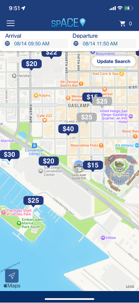 Map view of the ACE Parking app showing parking lot locations and prices in downtown San Diego