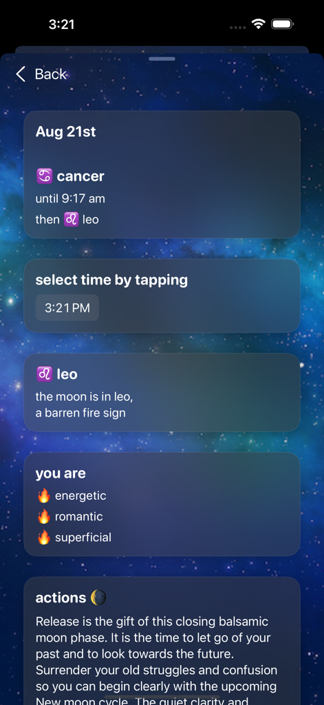 Full Moon Phase app interface showing moon sign transitions and astrological self-reflection details