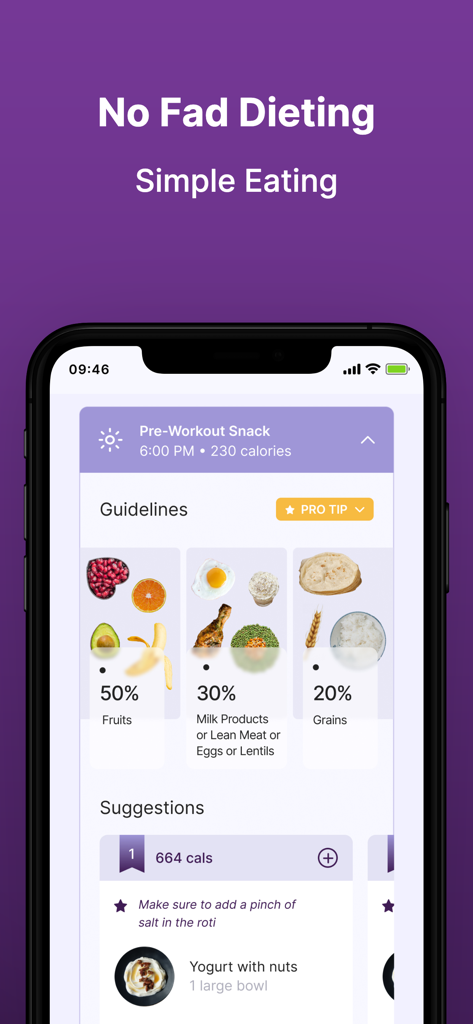 Screen displaying personalized nutritional guidelines and healthy meal suggestions in the Sugar.fit app.