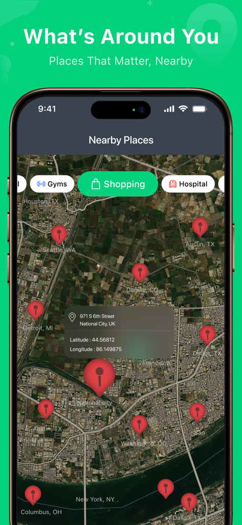 GPS Emulator app interface displaying nearby shopping and gym locations on a satellite map view