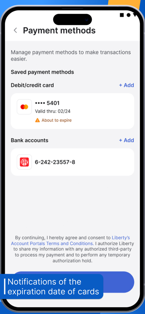 My Liberty App - Payment methods screen in the My Liberty App featuring a credit card expiration notification.