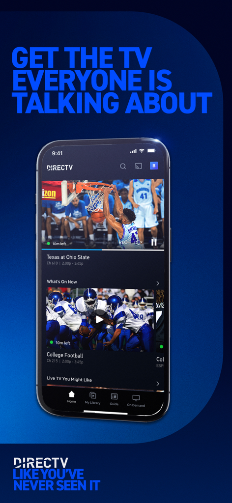 iPhone screen displaying the DIRECTV app interface with live basketball and football streaming content.