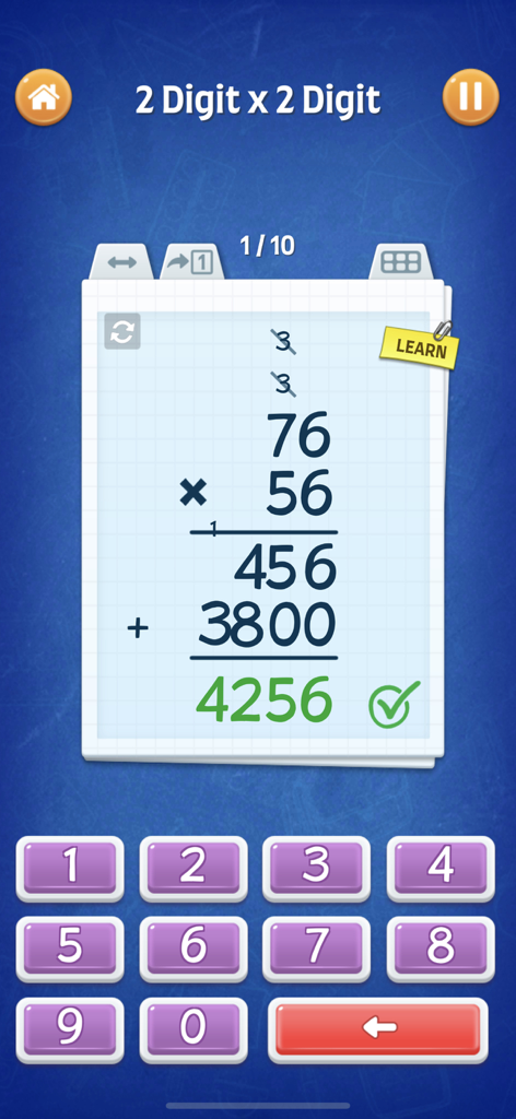 A 2-digit by 2-digit multiplication problem shown on a digital math worksheet within an educational app.