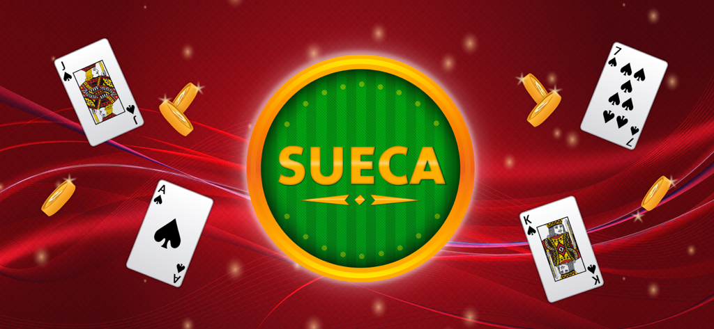 Gráfico del título del Juego Multijugador Sueca con cartas de juego y monedas de oro