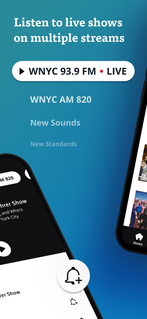 Interface of WNYC app showing various live radio broadcast streams including WNYC 93.9 FM and AM 820.