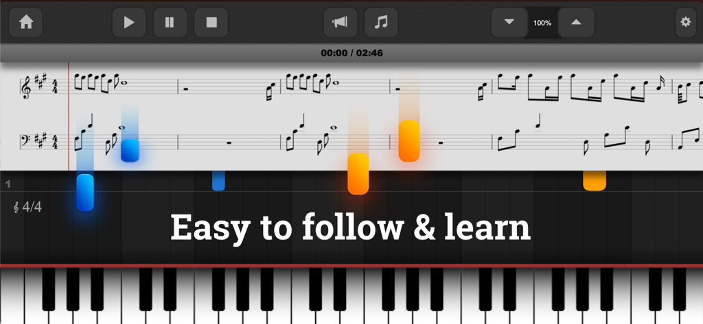 Piano - Play any song & sheets - Piano app screen showing sheet music with falling notes over a digital keyboard.