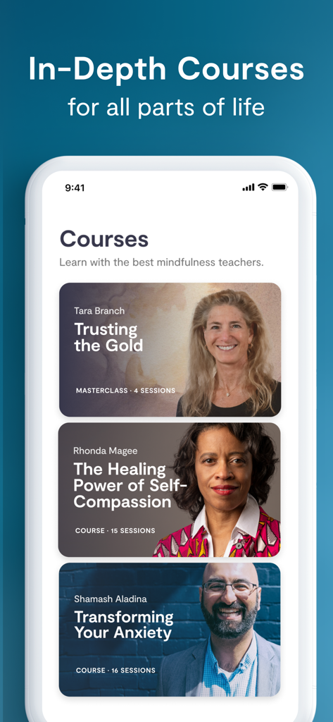 Pantalla de la aplicación Mindfulness que muestra cursos de meditación dirigidos por expertos sobre autocompasión y ansiedad