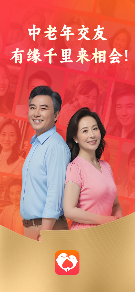 会会交友 - Middle-aged Chinese man and woman smiling on a promotional banner for the Huihui Social dating app.