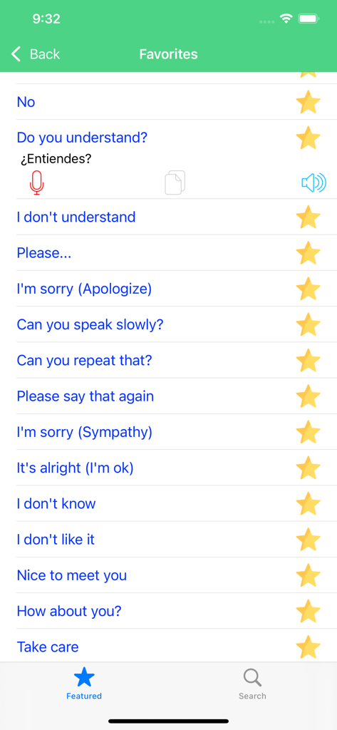 Learn Spanish Language Offline - Favorites screen displaying common Spanish phrases for travelers with audio playback icons.