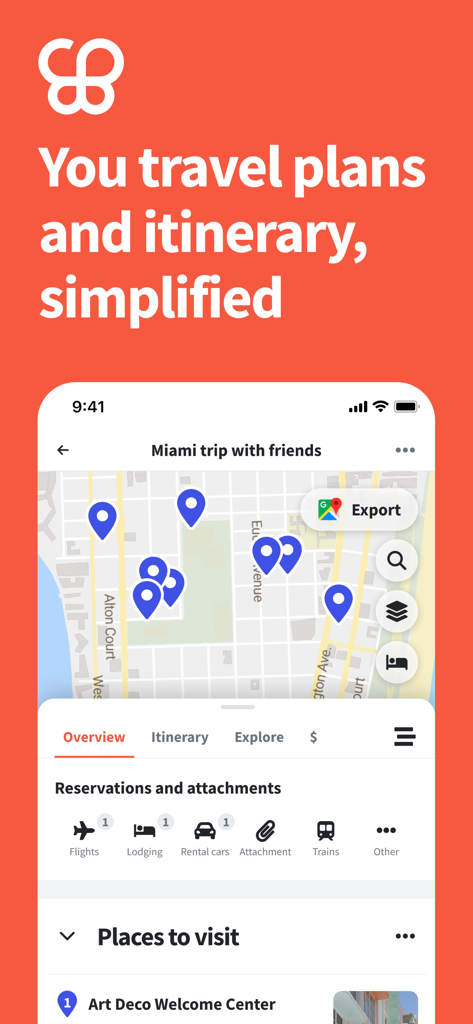 Wanderlog app showing a Miami trip itinerary with map pins and reservation categories