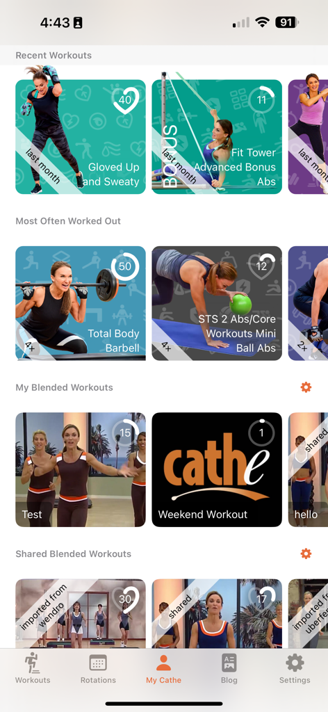 Cathe OnDemand - Dashboard view of the Cathe OnDemand app showing recent and blended workout categories