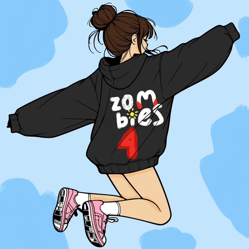 realistic girl jumping with a bun and oversized sweatshirt
